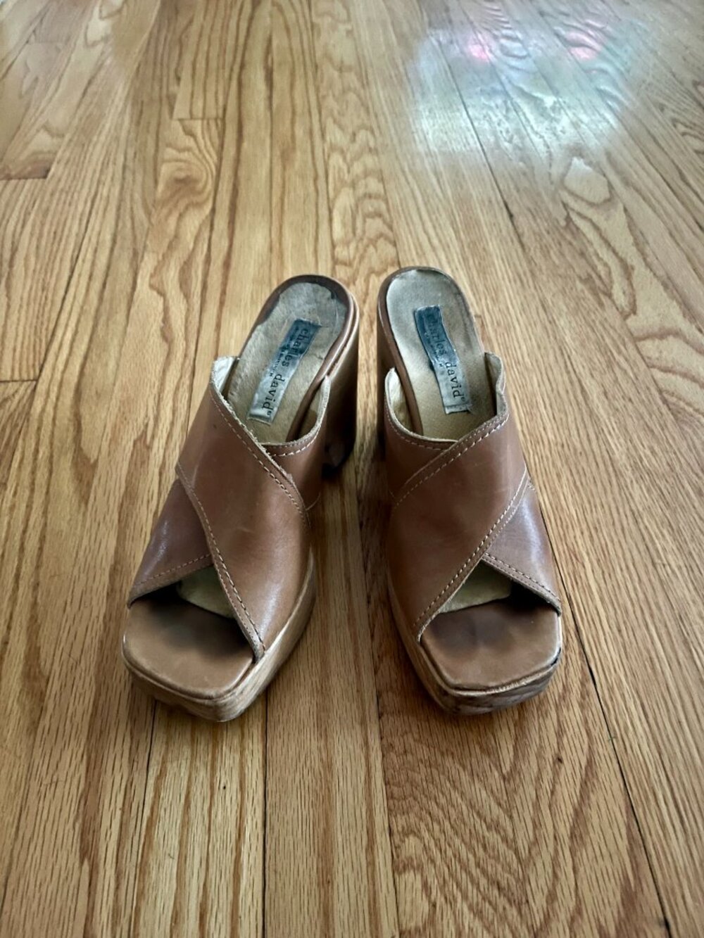 CHARLES DAVID  tan vintage leather wedge sandal, 9